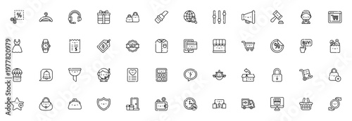 Ecommerce icon set. Vector icons pack for online shopping, including coupon, delivery, payment, cart, bag, wishlist and more. Editable stroke.