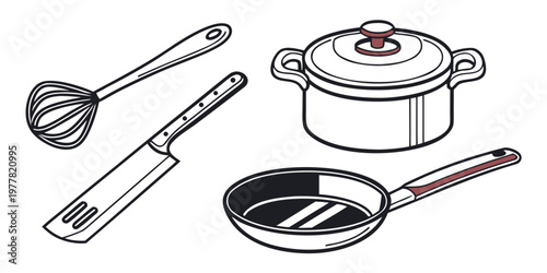 Kitchen essentials: whisk spatula pot frying pan with food preparation kitchen tools cooking equipment cooking utensil kitchen accessory kitchen appliance cooking instrument