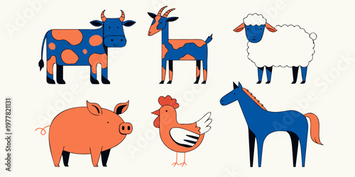 Collection of stylized farm animals in flat design style with livestock domestic countryside illustration collection stylized childish painting creature farmhouse agriculture