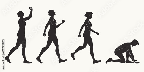 Sequence of female figure silhouettes showing progression from standing to kneeling with silhouette standing kneeling sequence progression movement isolated illustration