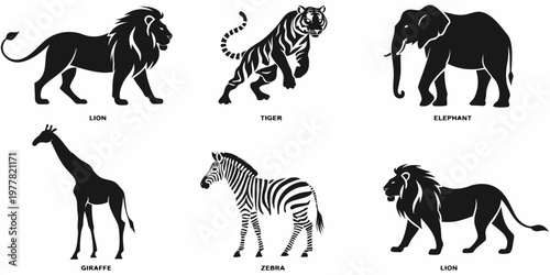 Set of stylized african animal silhouettes featuring lions tigers elephants giraffes zebras big cat set of animals animal graphics wild animal icons animal portraits animal symbol