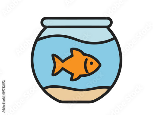 Cute vector illustration of an orange fish swimming inside a round glass fishbowl with blue water and sand. Flat cartoon style for pet, aquarium, ocean, and animal themes.