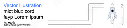 Creativity, innovation, achievement, education, brainstorming, goal setting. A rocket and pen beside a road-shaped element. Creativity and innovation concepts for visual projects