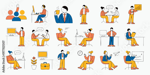 Collection of modern office and business scenarios with flat design paper plane business illustration collaboration communication presentation graphics character computer