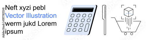 E-commerce, digital payments, shopping tools, online retail, financial calculations, tech applications. Image shows a calculator, stylus and virtual cart with 3D cube. E-commerce and digital