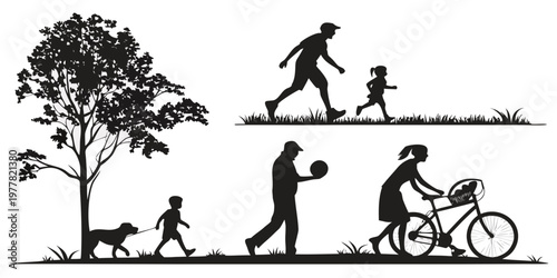 Silhouettes of people and a tree in a natural outdoor setting with walking the dog family outing bike ride silhouette recreation lifestyle activity movement together relaxation