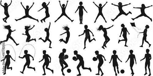 Dynamic silhouettes of children jumping running skipping rope playing with a ball and kite illustrating active childhood play and energy children silhouettes skipping childhood