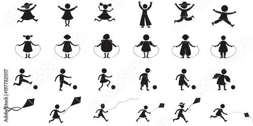 Collection of isolated children silhouettes in active poses playing sports and flying kites skipping rope child playing kids playing activities for kids playful kids outdoor game