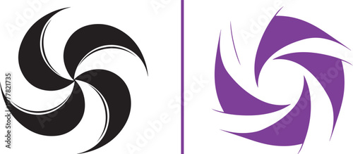 Two abstract circular logos. The left is a black four-blade pinwheel with curved, brush-stroke textures; the right is a purple five-blade vortex with sharp, triangular petals and white negative space.