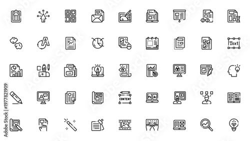 Editorial Design icon set. Vector graphics pack featuring document, layout, envelope, presentation, edit, magazine, typography, and design tools.