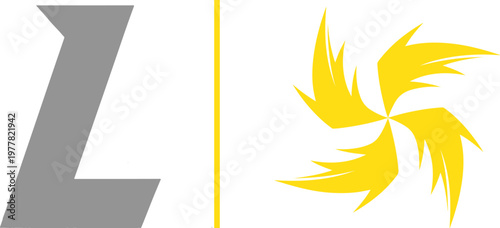 Two stylized logos: the left is a bold, grey italicized "L" with sharp geometric serifs; the right is a vibrant yellow four-point pinwheel or starburst shape with jagged, wing-like edges.