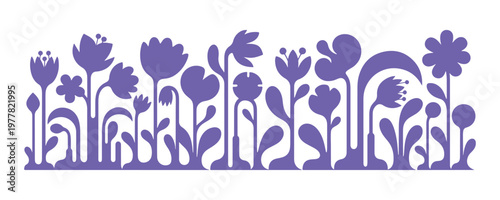 Modern abstract flower banner with elongated stems and artistic blossoms in Bauhaus style.