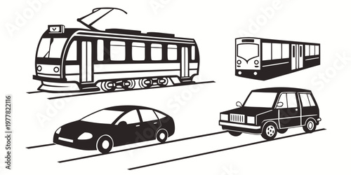 Black and white line art illustrations of various public and private transportation vehicles including tram metro train sedan car station wagon with public transport, light rail