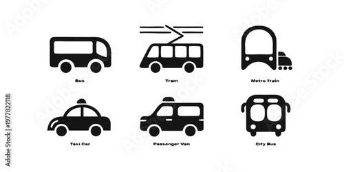 Set of black silhouette vehicle icons for various transportation types including bus tram metro train taxi car passenger van with text labels public transport design element commuter