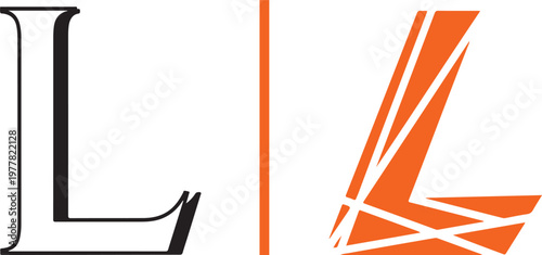 Two stylized "L" logos side-by-side. On the left, a classic black serif letter with elegant curves; on the right, a vibrant orange italicized "L" featuring a modern, fragmented grid pattern.