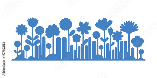 Contemporary botanical banner featuring elongated stems and stylized abstract flowers in Bauhaus design.