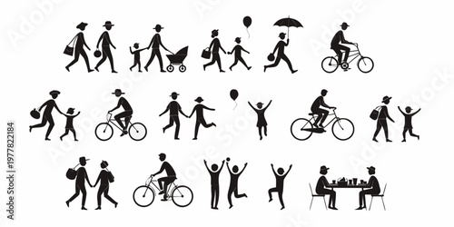 Set of diverse black silhouette vector graphics depicting people and families enjoying various outdoor activities like walking cycling playing picnicking in a park setting with families