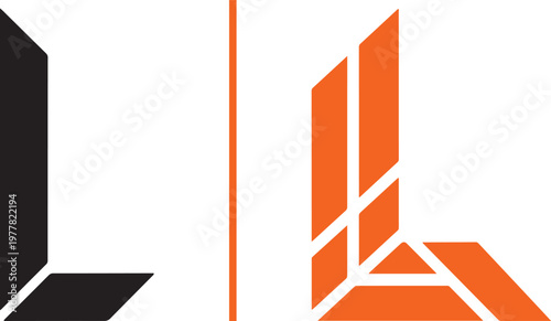 Two architectural vector logos of the letter "L": a solid black minimalist design with a 3D perspective and an orange version composed of geometric blocks resembling a modern building structure.