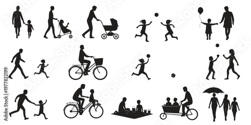 Diverse vector silhouette collection featuring people and families engaged in a variety of outdoor pursuits such as walking playing cycling with a cargo bike enjoying picnics, park life