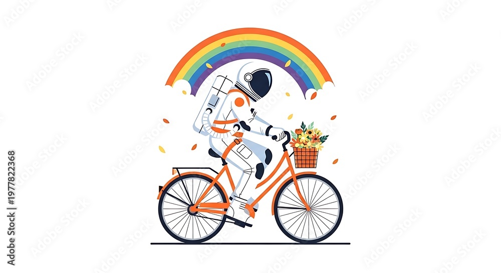 Fototapeta premium An astronaut on a bicycle with a rainbow and flowers, a whimsical and colorful illustration