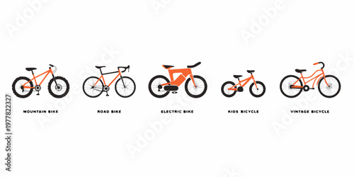 Set of five diverse bicycle designs: mountain road electric kids' vintage bikes bold orange and black flat style illustrations with mountain bike white background flat design