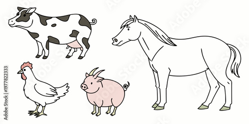 Illustrative collection of traditional farm animals featuring a cow horse chicken pig goat in simple outlined cartoon style domestic animals line art white background animal kingdom