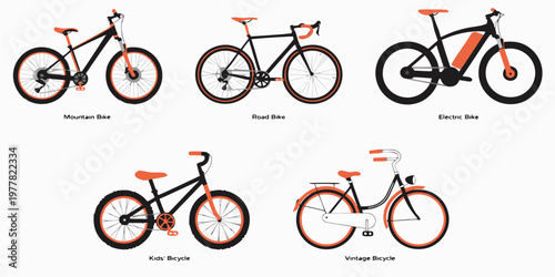Collection of five distinct bicycle types: mountain road electric kids' vintage bikes presented as detailed flat design illustrations with mountain bike white background transportatio