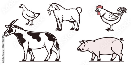 Black and white outline illustration set of various farm animals including a goose goat chicken cow pig with domestic animals line art white background animal kingdom farm life