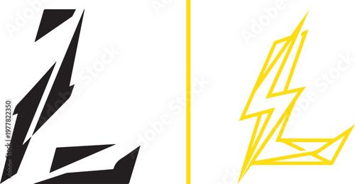 Two high-energy vector logos of the letter "L": a black silhouette with sharp, aggressive jagged edges and a yellow geometric outline resembling a lightning bolt with a crystalline structure.