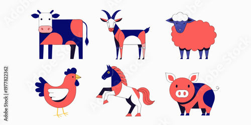 Flat design farm animals set including cow goat sheep chicken horse pig in modern geometric style with animal set domestic animals digital art line art animal icons white backgroun
