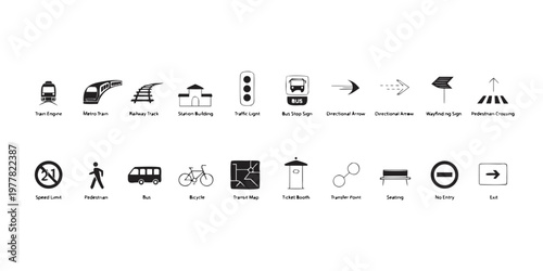 Collection of public transport navigation urban signage icons with labels for travel and city directions railway track station building traffic light bus stop sign no entry