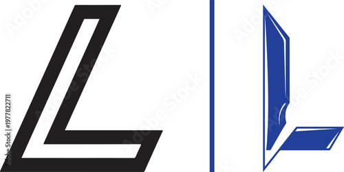 Two professional vector logo concepts for the letter "L": a bold black italicized outline with a clean double-stroke effect and a 3D blue geometric design featuring sleek metallic highlights.