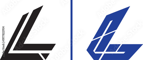 Two slanted, italicized "L" logos. The left is a bold black design with sharp white accent lines; the right is a vibrant blue geometric version with a fragmented, technical grid pattern.