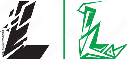 Two aggressive vector logo designs of the letter "L": a black fragmented version with a shattered effect and a green tech-style outline featuring sharp, crystalline geometric angles.