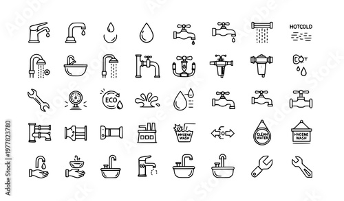 Bathroom Kitchen Faucet Water Drop Pixel Perfect Thin Line Vector Icons Set