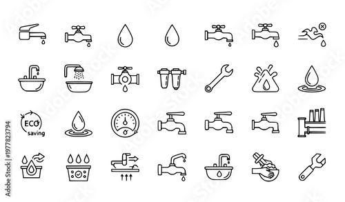 
Faucet and Water Drop Pixel Perfect Thin Line Vector Icons for Bathroom and Kitchen