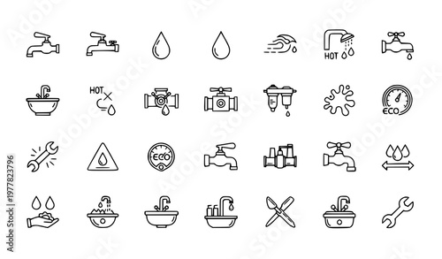Water Faucet and Plumbing Thin Line Icon Collection Pixel Perfect Vector Set