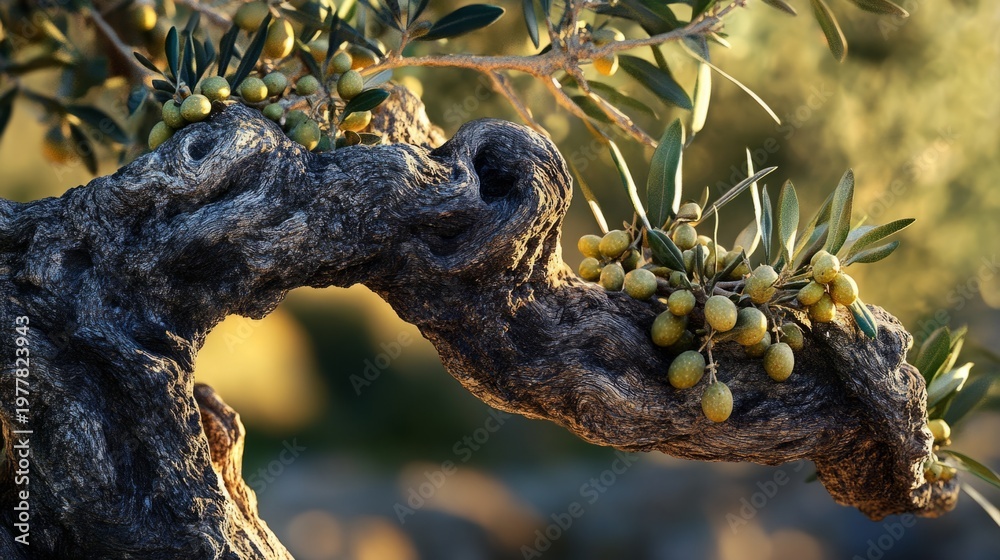 Fototapeta premium gnarled olive tree branch with ripe olives, generative ai