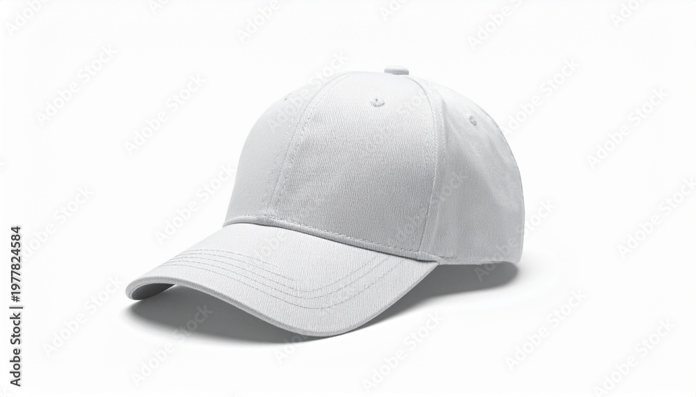 Fototapeta premium A white baseball cap sits on a plain surface indoors.