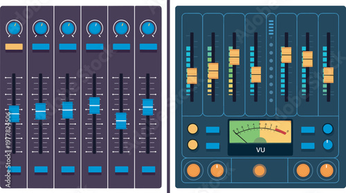 Professional digital audio mixer console and sound board flat vector illustration with sliders knobs and analog VU meter for music production and studio recording