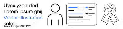 Identity verification, digital profiles, certification, achievement, user authentication, data organization. Minimalist icons of a person, profile card and award badge. Identity verification