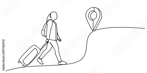Single continuous line drawing of a person dragging a suitcase, walking towards a map marker. One line design vector illustration Editable stroke.
