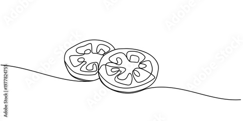 Single continuous line drawing of a tomato that has been sliced. One line design vector illustration Editable stroke.