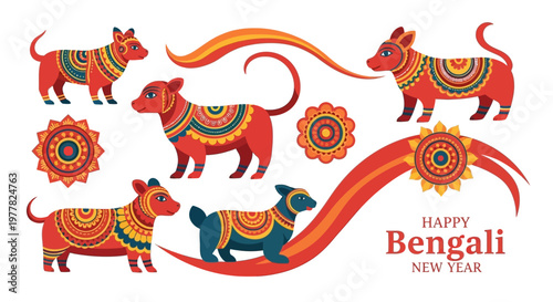 Illustrations celebrating Pohela Boishakh, the Bengali New Year, are presented in a vibrant vector design featuring stylized oxen and floral motifs, set against a clean white background