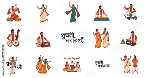 Vector illustrations depict festive scenes from Pohela Boishakh, showcasing cultural diversity with traditional Bengali celebrations, featuring dancers and musicians in vibrant attire