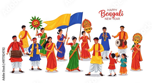 A festive vector illustration depicts a vibrant Pohela Boishakh celebration with people in traditional Bengali dress joyfully parading against a clean white background, conveying a sense