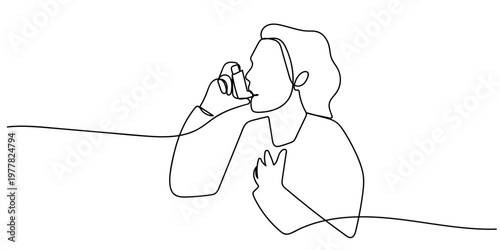 Single continuous line drawing of a patient using an asthma inhaler. One line design vector illustration Editable stroke.