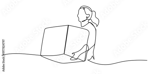 Single continuous line drawing of a woman carrying a cardboard box. One line design vector illustration Editable stroke.