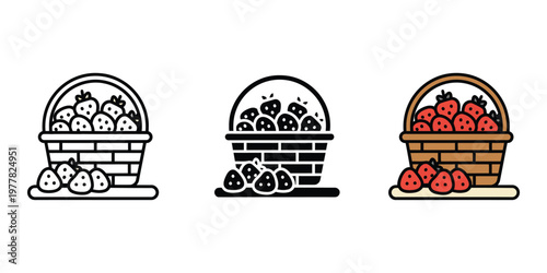 three baskets of strawberries in different line art styles isolated on transparent background