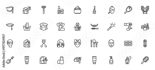 Beauty icon set. Vector illustrations for cosmetics, skincare, makeup and spa. Includes lipstick, razor, mascara, lotions, perfume, mirror and more.